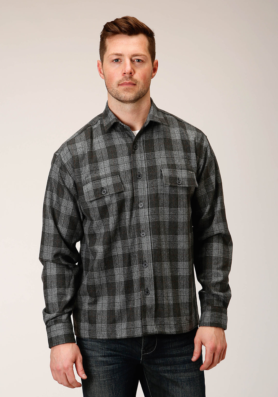 MENS SNAP  GREY PLAID WOOL BLEND SHIRT JACKET
