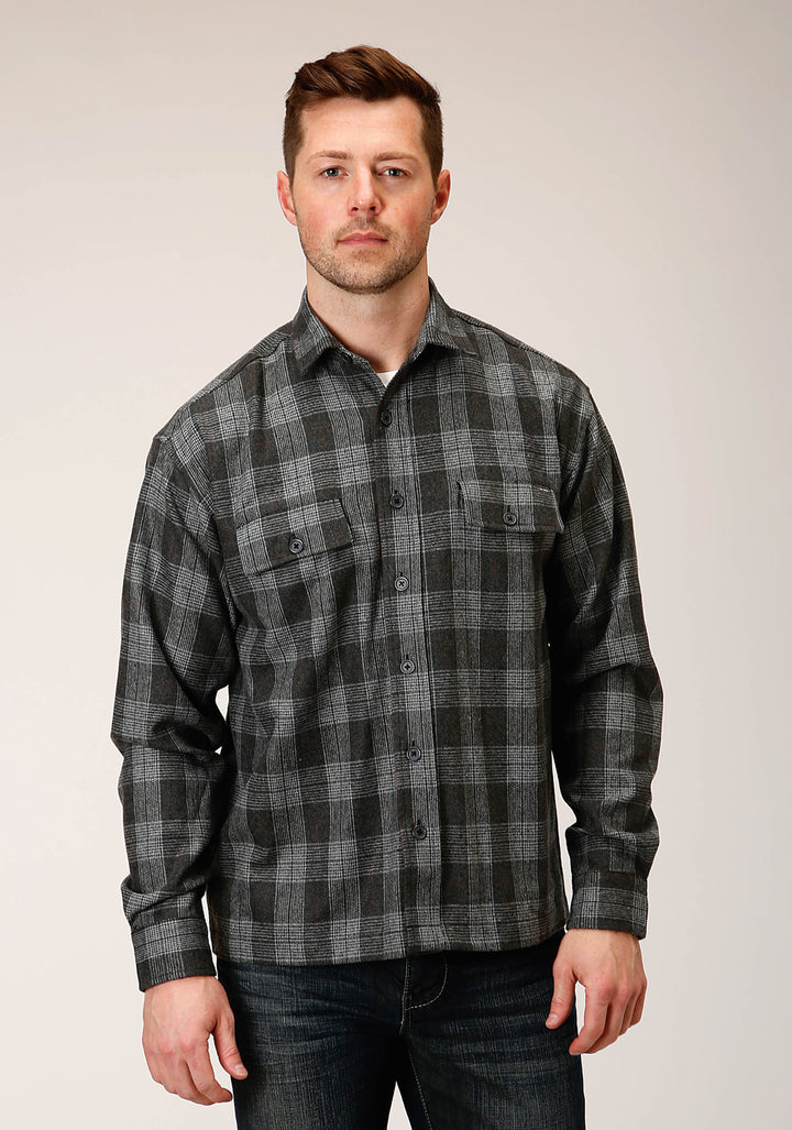 MENS SNAP  GREY PLAID WOOL BLEND SHIRT JACKET