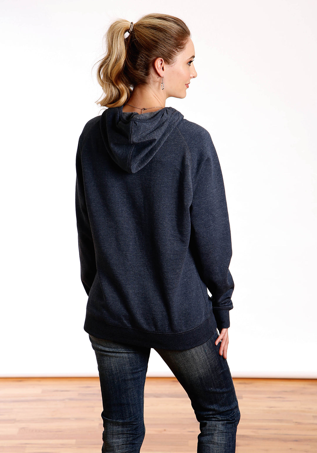 WOMENS SUNSET MOUNTAIN SCREEN PRINT HOODIE NAVY SWEATSHIRT