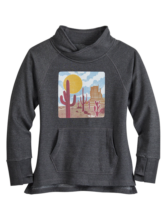 WOMENS TIN HAUL PULLOVER HOODIE DESERT SCENERY SCREEN PRINT WITH FUNNEL NECK