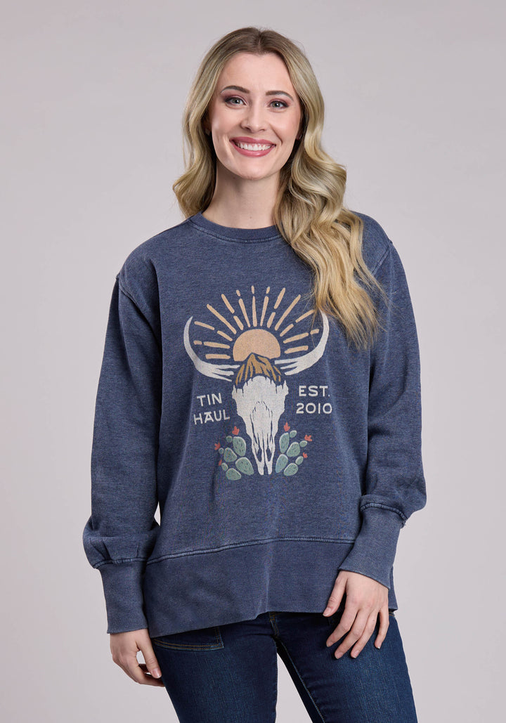 WOMENS TIN HAUL LONGHORN SKULL AND SUN PULLOVER WESTERN SHIRT